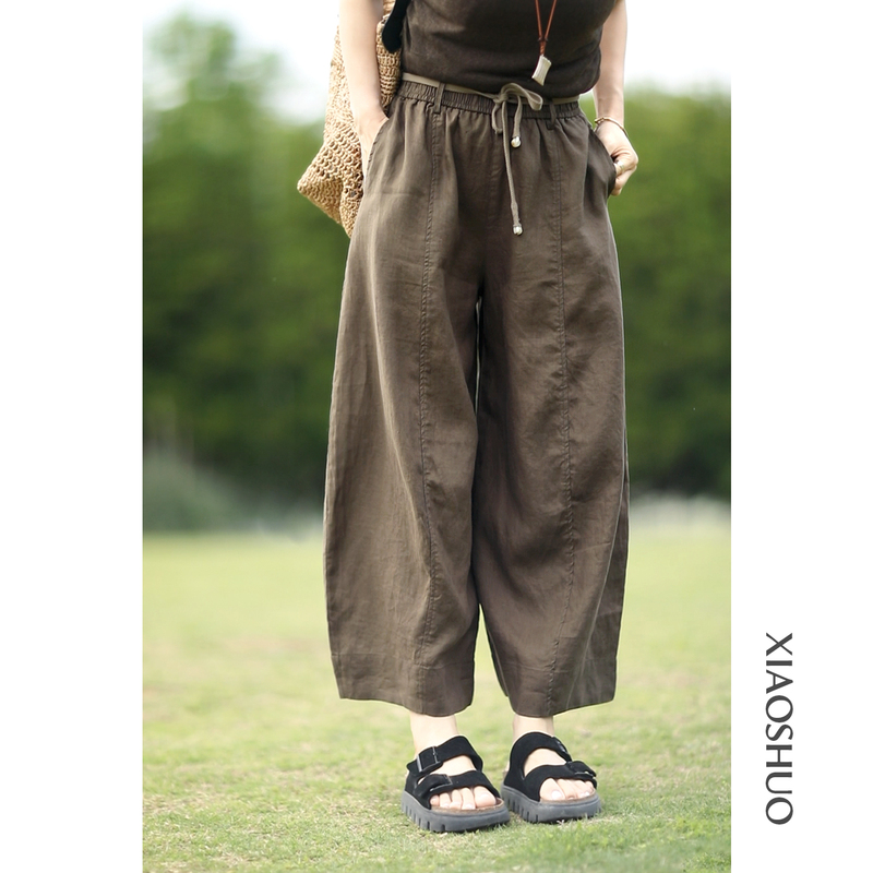 Xiaoshuo 100% Pure Linen, Comfortable and Loose, Slimming and Versatile Linen Cropped Pants, Casual Pants for Women, Summer