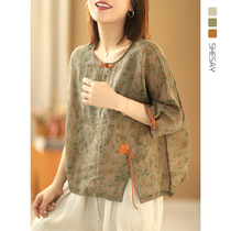 Xiao said retro-cavity tuning disc button design 100 thin-length Hemp Flower Case Short Sleeve Shirt Woman Casual Round Collar