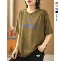 Xiao Says Loose Casual Retro Alphabet Printed Round Collar Short Sleeve T-shirt Woman Big Code 100 Hitch Slim Half Sleeve Blouse