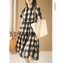 Xiao said fashion foreign air Qiao Qi yarn fabric with cap plaid bump color short sleeves dress loose and comfortable and long dress thin