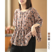 Xiao said 100 fine and fine Hemp Art Retro Loose A Character Blossom Round Collar Short Sleeve T-shirt Woman Doll 2022