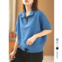 Xiao said special fabric zipped upright collar short sleeve T-shirt woman loose casual Polo shirt 2022 summer new