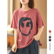 Xiao says relaxed and casual downswing open fork personality smiley face thin Snow flower cotton round collar short sleeve T-shirt female big code blouse