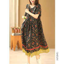 Xiao said 100 high-end fine-paper hemp loose retro crummy flower round collar short sleeve dress with dress large hem skirt long skirt