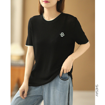 Xiao said letter collision color pit strip breathable thin section of ice silk linen short sleeve needle weaselshirt T-shirt woman 2022 Summer new