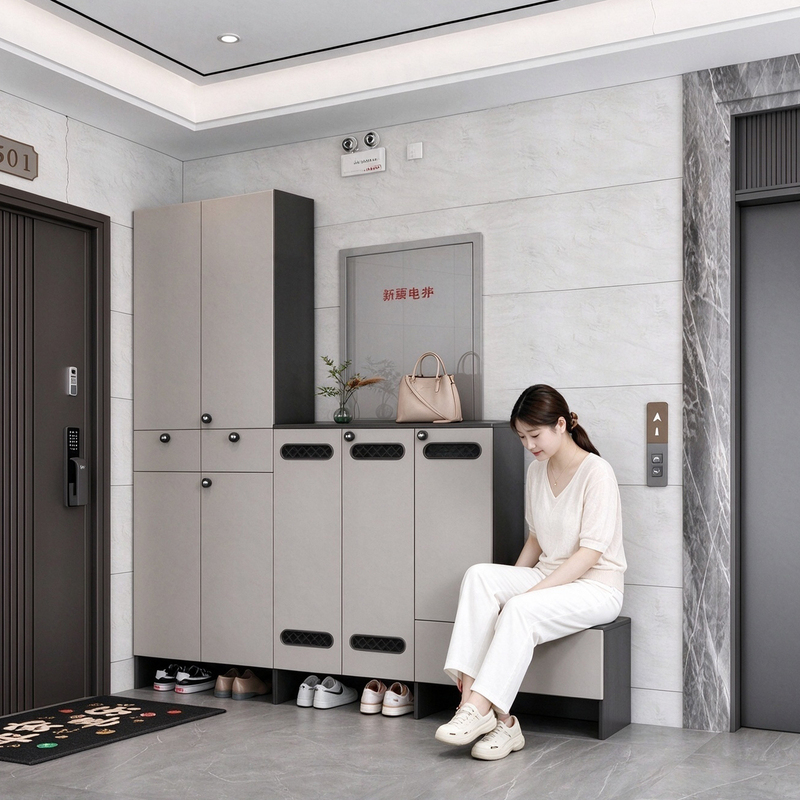 Integrated Shoe-Changing Bench and Outdoor Storage Cabinet with Password-Protected Entrance for the Hallway Outside the House, Suitable for Home Use, with a Shoe Cabinet and Elevator