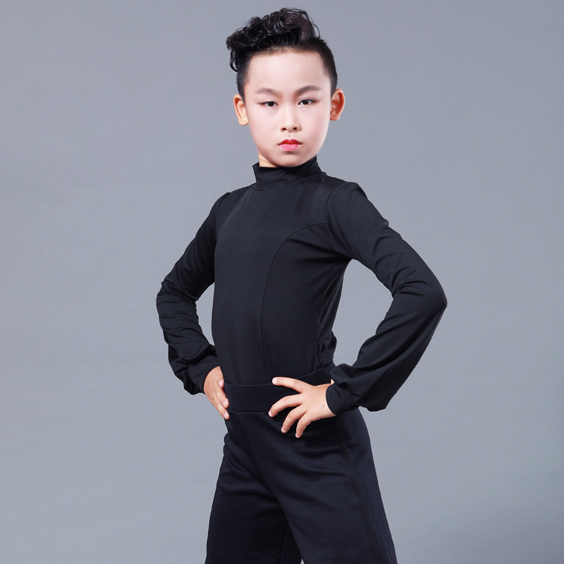 CONNY Boys Latin Dance Top Long sleeve stand-up collar Black modern National standard children's dance practice clothing competition