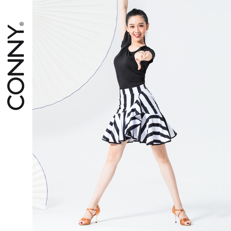 CONNY Latin dance skirt black and white striped lotus leaf skirt skirt skirt practice clothing female professional adult performance