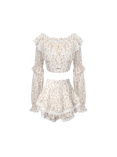 Оригинальная кружевная юбка, комплект, цветочный принт, открытые плечи