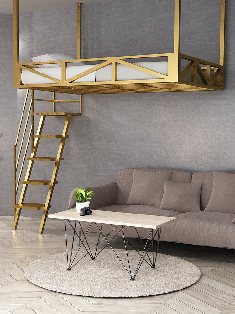 Loft modern minimal small household type spatial suspension iron elevated bed hammock hanging wall bed bedroom ceiling bed