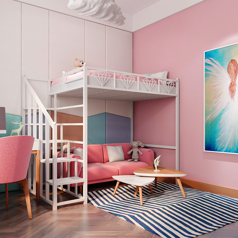 Elevated bed linen upper floor net red iron art bed iron frame bed provincial space bedroom small family type building loft bed with high and low bed iron bed-Taobao