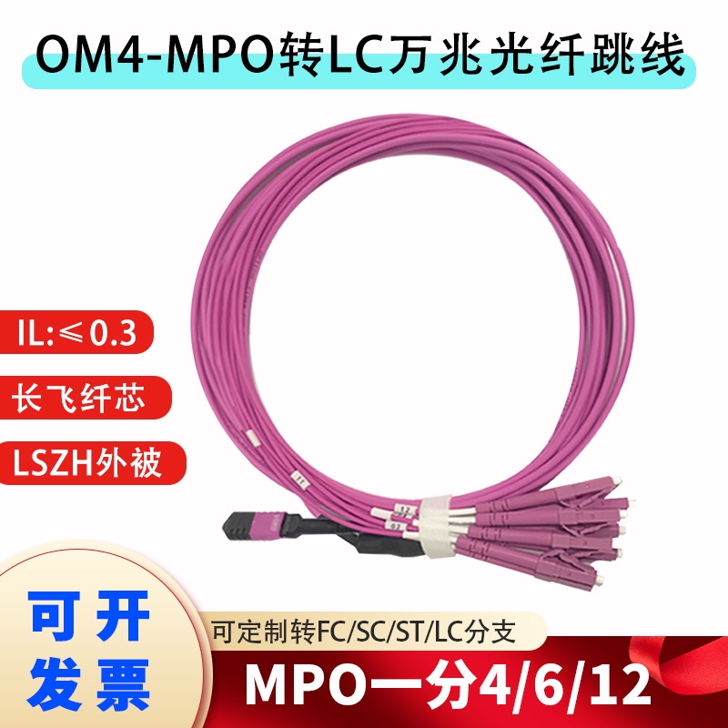 100g to 25g Mpo to Lc 1-to-4 12-Core Om4 Multi-Mode 10Gbps 40g Qsfp28 Fiber Optic Patch Cable