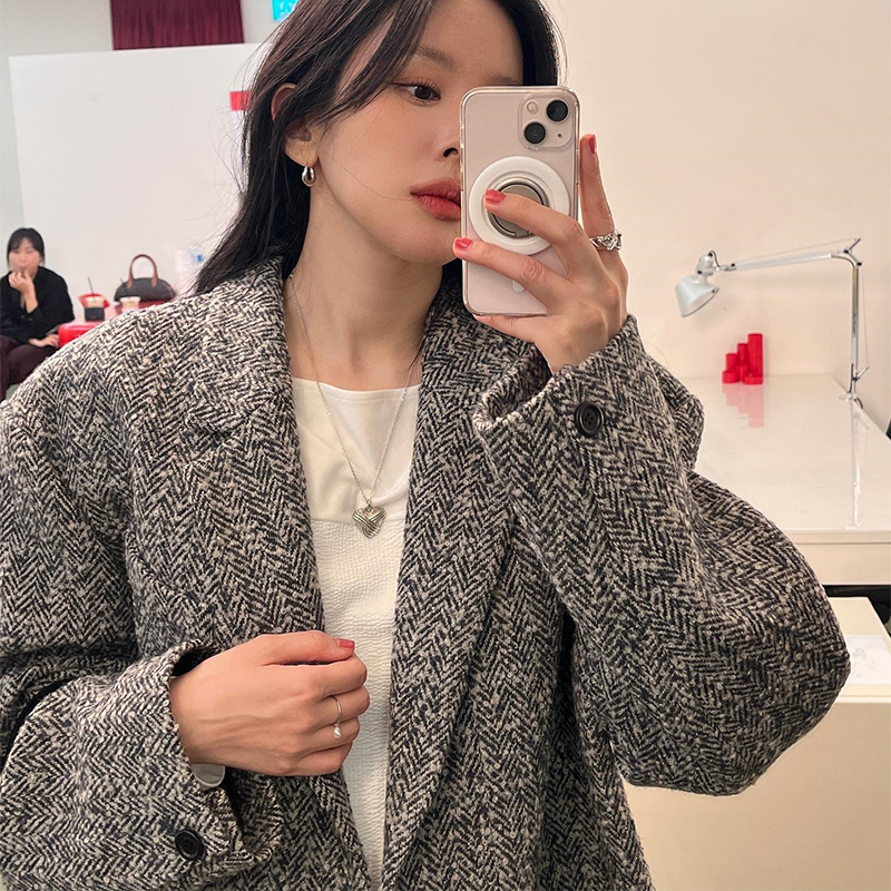 Korean Amoment* Woolen Coat Short Style Wool Unisex Loose Herringbone Pattern Blazer Woolen Jacket for Women