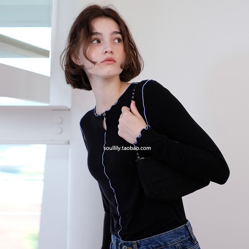 South Korea modestmood2022 spring and autumn wool Tencel slim fit thin top black small shirt long-sleeved T-shirt women