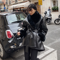 Mei Sanguan soft and hard black fur collar plus velvet leather coat womens winter 2020 waist mid-length thickened jacket