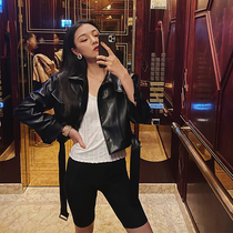 Mei Sanguan autumn cool girl black short shoulder pad leather clothes womens autumn new design jacket leather jacket