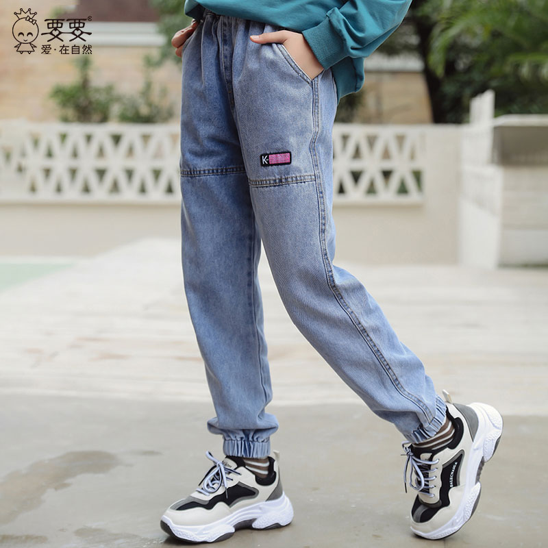 Girls jeans spring and autumn loose 2021 new female children's overalls autumn wear pants