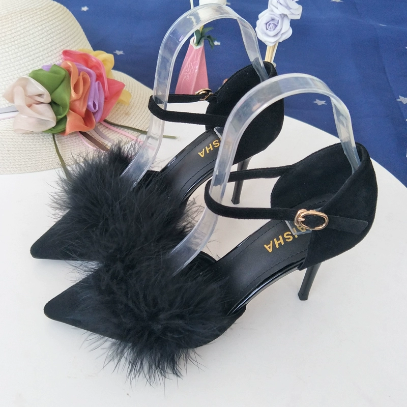 Giày nữ 2018 mới của phụ nữ mùa thu mũi nhọn với một đôi sandal khóa Baotou lông cao gót phiên bản Hàn Quốc hoang dã của giày đơn