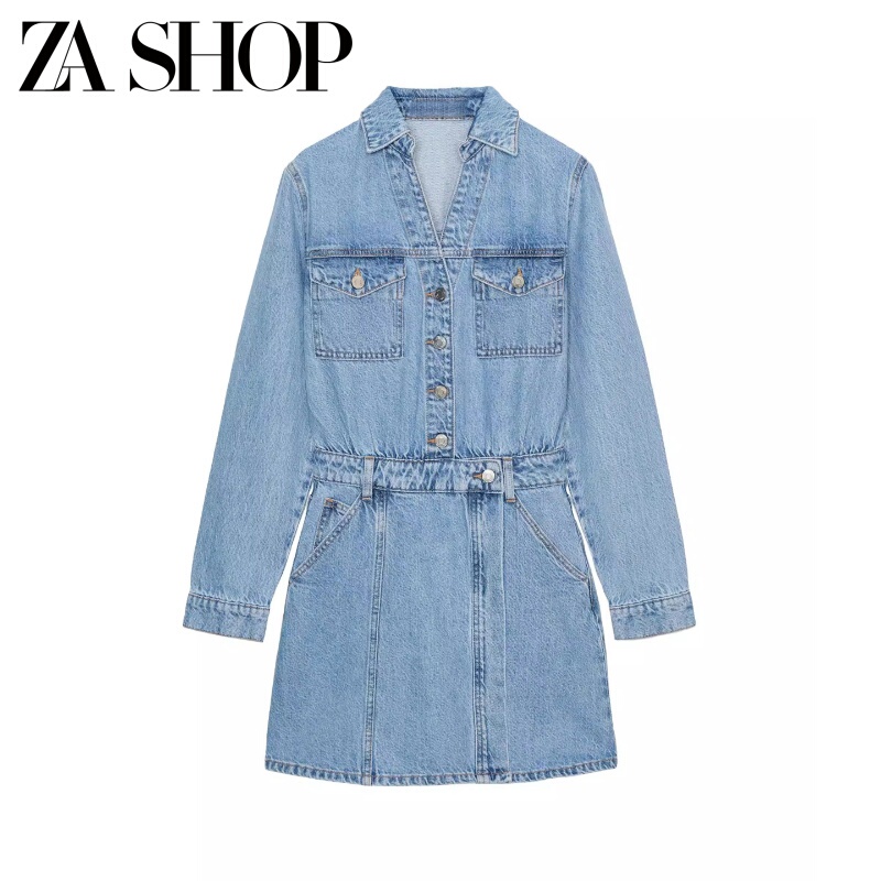 2026 Spring/Summer New Women's Long Sleeve Lapel Pocket Slim Fit Denim Mini Dress 0108023