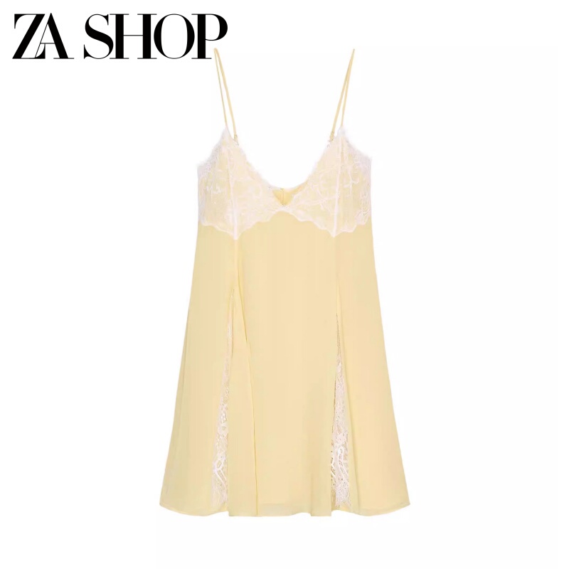 2026 Spring/Summer New Women's V-Neck Color-Block Lace Patchwork Pleated Strap Mini Dress 4772321