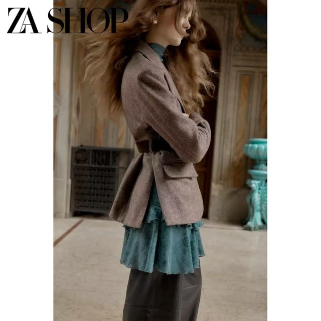2025 winter new women's lapel long-sleeved shoulder pads and belt herringbone twill suit jacket 4387263
