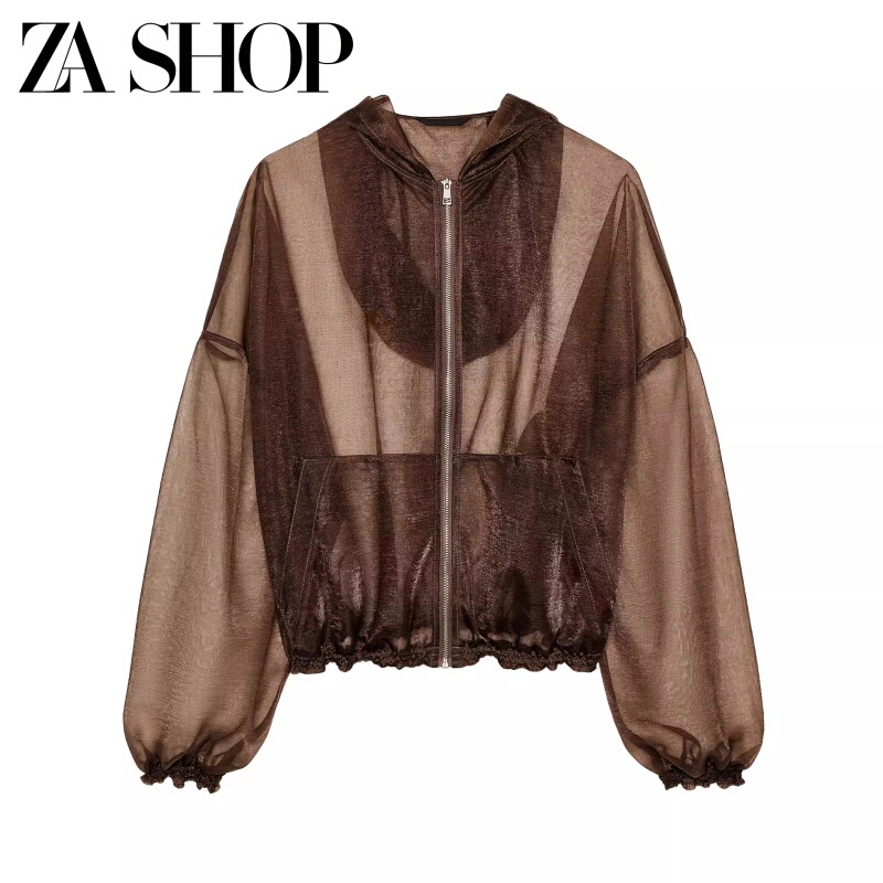2025 Summer New Women's Hooded Long-Sleeved Semi-Transparent Organza Hooded Jacket Short Coat 4968030