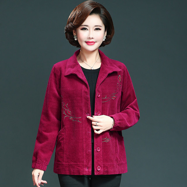 Corduroy jacket women's short pure cotton 2022 spring new style middle-aged and elderly women's mother's wear long-sleeved loose top