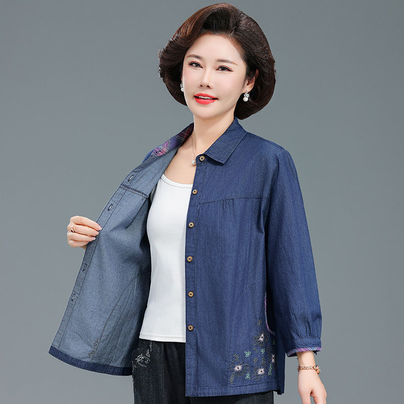 Mother's Clothing Spring and Summer New Style Three-Quarter Sleeve Pure Cotton Lapel Shirt Loose Large Size Cardigan Middle-Aged and Elderly Denim Top for Women