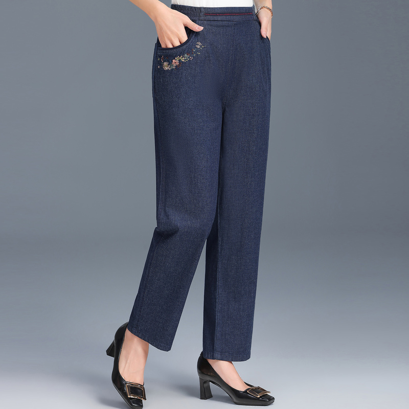 Cotton Jeans for Middle-Aged and Elderly Women, New Spring Style, Elastic Waist, Embroidered Casual Straight-Leg Pants for Seniors, Plus Size