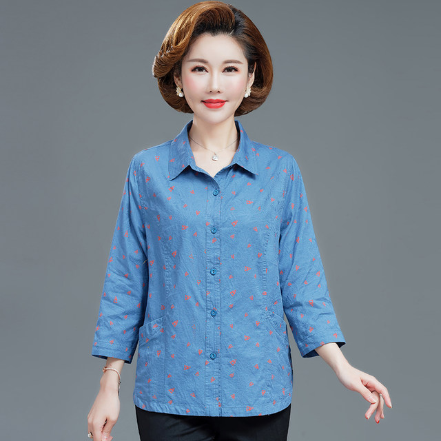 Mom's summer women's mid-sleeve cotton shirt middle-aged and elderly grandma's spring clothing three-quarter sleeve cotton shirt elderly clothes