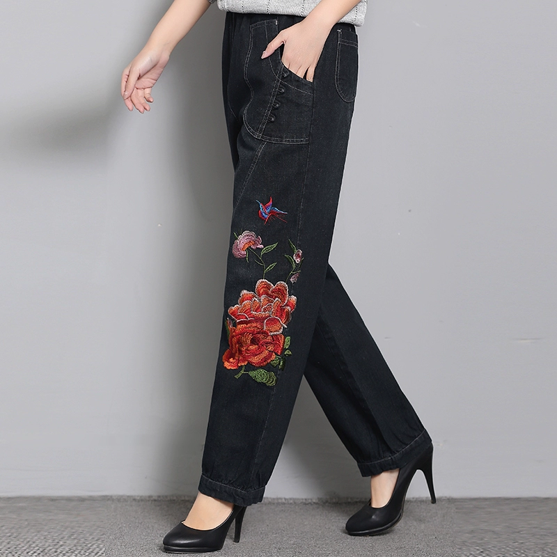 Phụ nữ trung niên và người cao tuổi thêu quần ống rộng quần jeans Quần lửng ống rộng kích cỡ lớn - Phụ nữ cao cấp