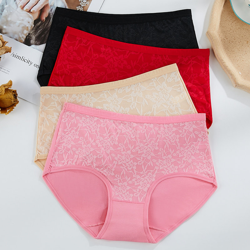 Mid-waist underwear women's pure cotton antibacterial breathable thin lace hook flower hollow briefs head mother belly shorts summer