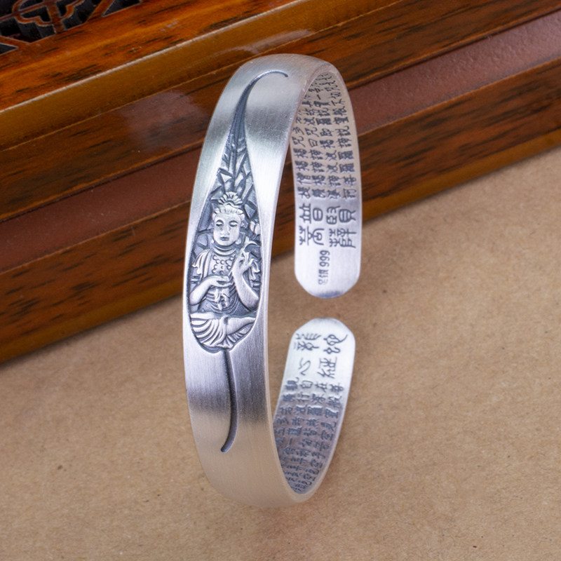 Pure Silver 999 Zodiac Sterling Silver Heart Sutra Bracelet Men's and Women's Opening Retro Life Buddha Silver Bracelet