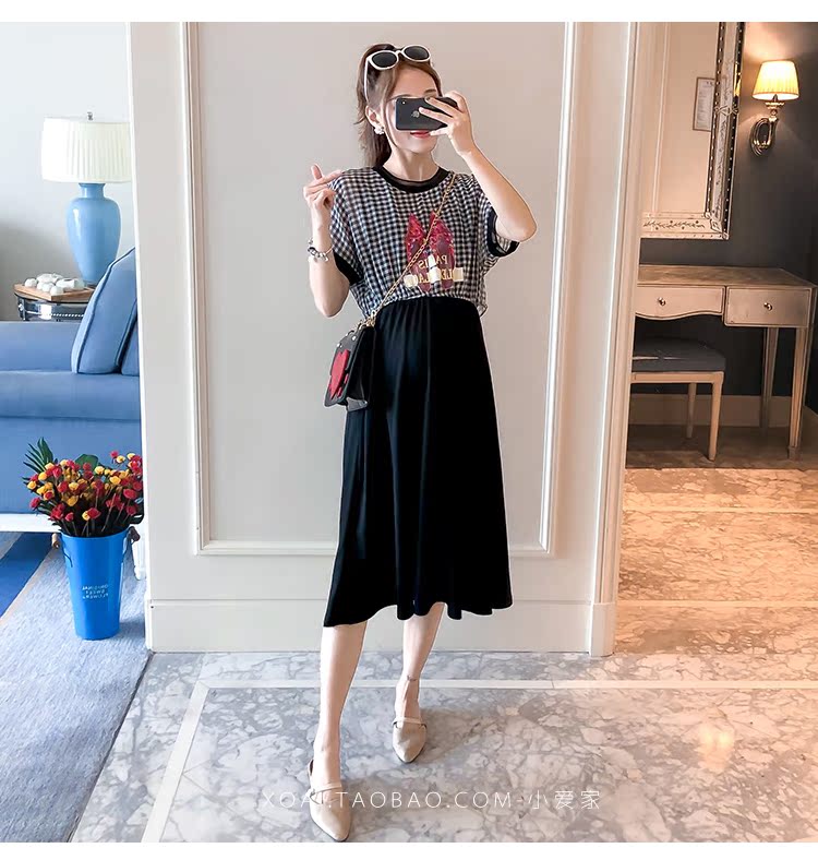 Đầm bà bầu hè 2019 phiên bản Hàn Quốc mới của lưới khâu qua đầu gối váy dài mùa hè mẫu thời trang bà bầu mang bầu - Áo thai sản đầm bầu giá rẻ