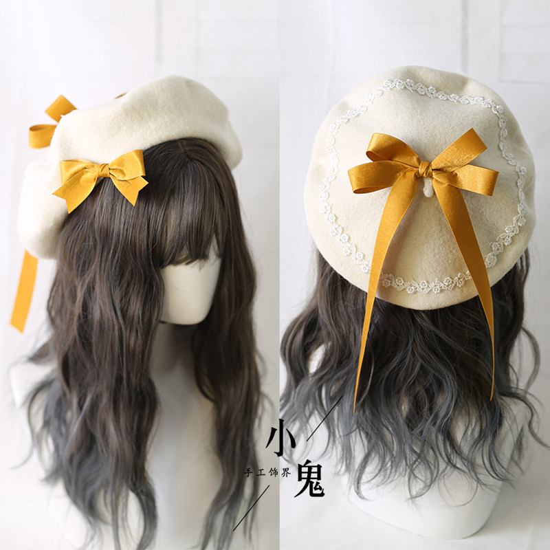 7722 Women Girls Sweet Lolita Beret Hat With Detachable Bowknot Painter Hat Lolita Girl Original Fashion Warm Handwork Hat Cute Bowknot  main image 2