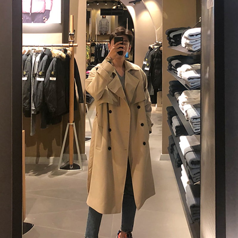 Korean INS temperament windbreaker men's medium and long version of the Korean version of the trend British style handsome over the knee men's khaki jacket