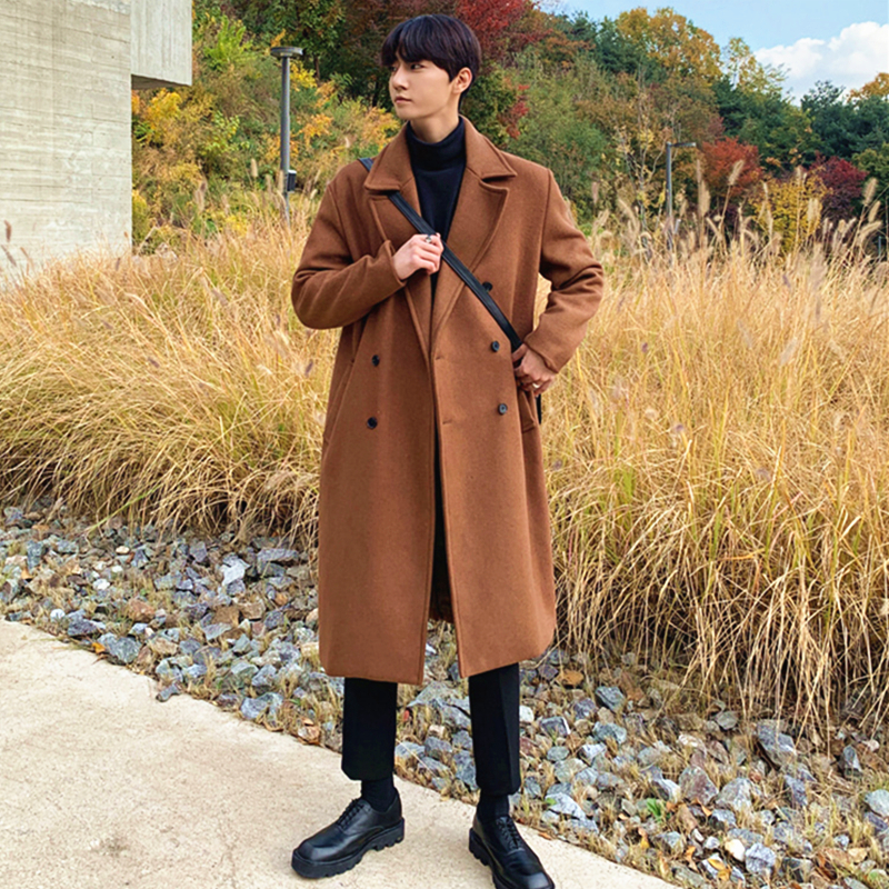 Winter men's coat medium and long version of the British wind wool coat male Korean version of the trend student thickened double-sided Ni