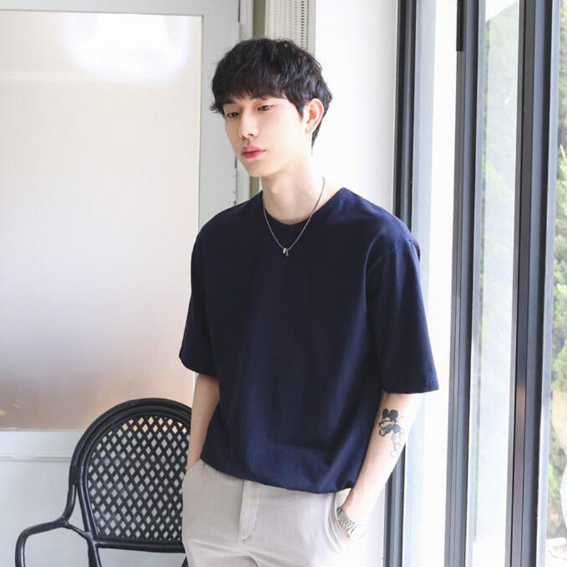 Short Sleeve T-Shirt Man 2022 Summer New Casual Pure Color Inner Lap Dress Trendy Men Hide Cyan White Pure Cotton T-shirt