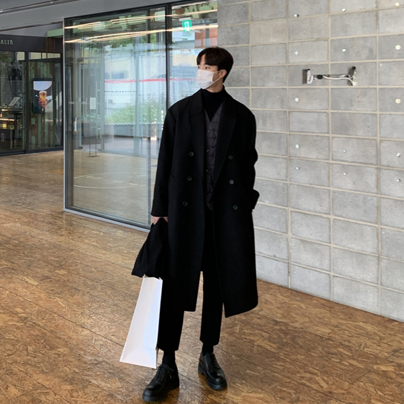 Winter wool coat men's medium and long version of the warm coat Korean version of men's thickened over-the-knee double-sided cashmere windbreaker