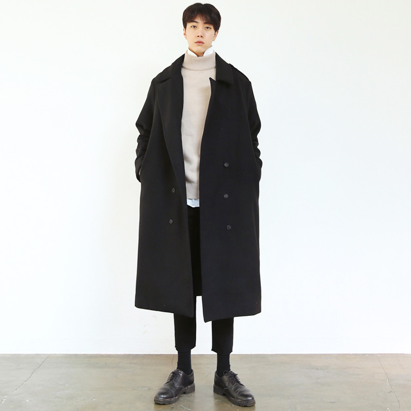 Winter wool coat men's Korean version of the trend in the long version of the British style men's thickened double-sided cashmere trench coat jacket