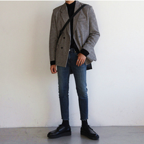 Mens woolen coat mens short double-breasted Korean version of slim winter cashmere chickenbird grid suit mens coat tide