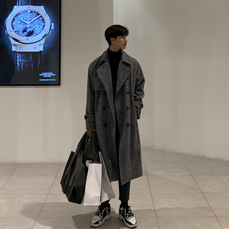 Winter woolen coat men's mid-length Korean version thickened double-breasted men's British style double-sided cashmere windbreaker coat