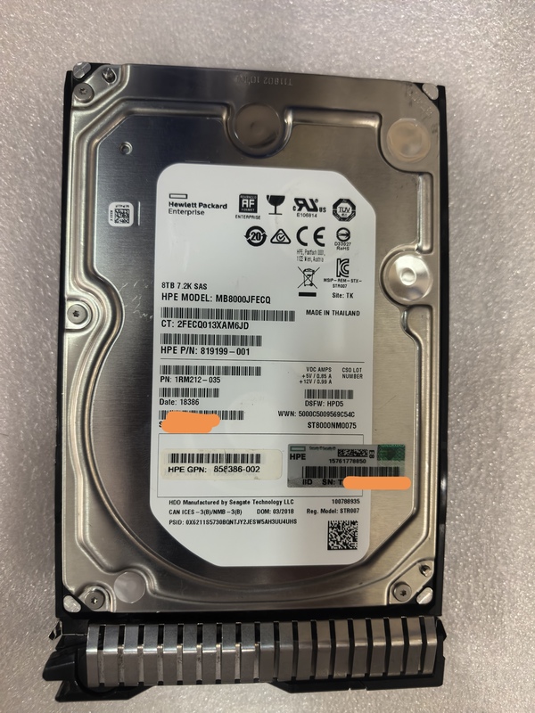 Hpe 819201-B21 820032-001 819199-001 8Tb 12g Sas 7.2K 3.5