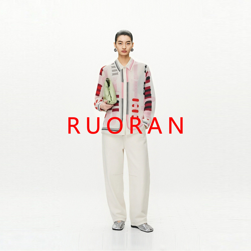 Ruoran Spring/Summer New Pink Leather Graffiti Print Mulberry Silk High-End Elegant Women's Shirt