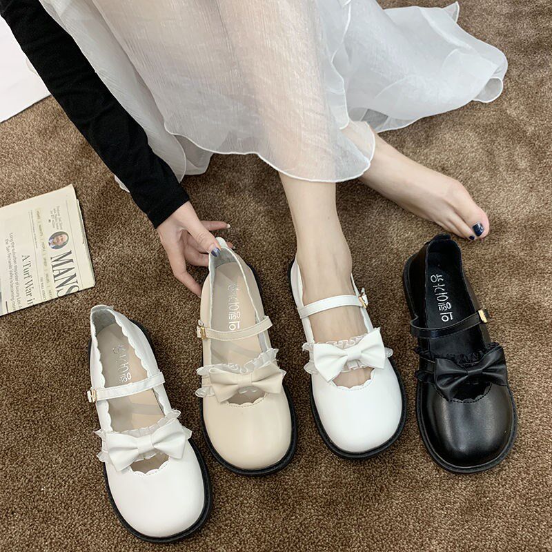 Round toe wide-brimmed women's shoes Japanese lace soft sister shoes low-heeled jk uniform round toe small shoes girl lo shoes fairy