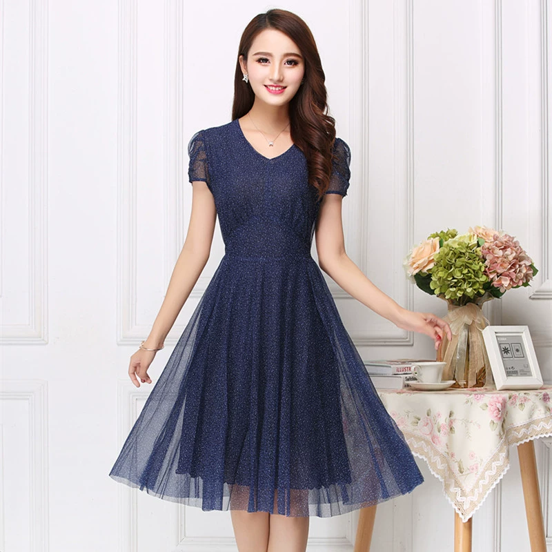 Váy đầm dài giữa Tada Yixiu, size lớn, cạp cao, tính chất quý cô mỏng, cổ chữ V co giãn dành cho nữ, sản phẩm mới mùa hè - Váy eo cao
