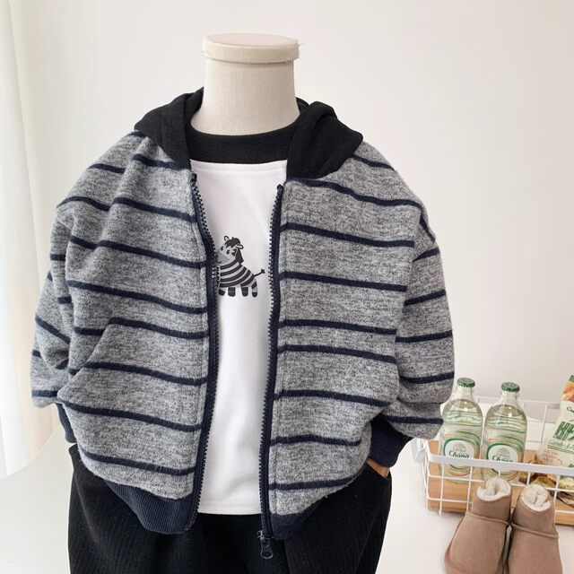 French-Style Boys' Thin Fleece Sweatshirt Jacket, Spring and Autumn Children's Striped Casual Hoodie, Soft Zip-Up Cardigan for Toddlers and Kids
