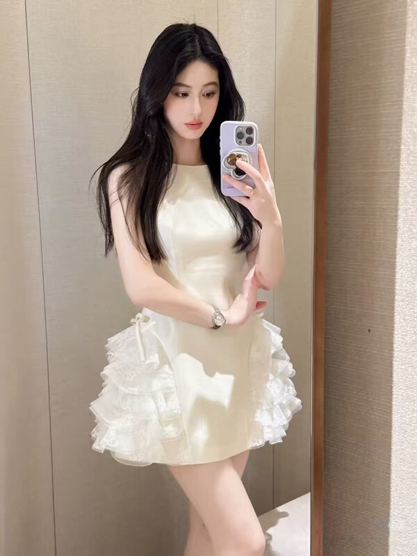 Balmanjina 2026 Spring New Dress Xsj1L02D Lace Patchwork Bow Vest Dress