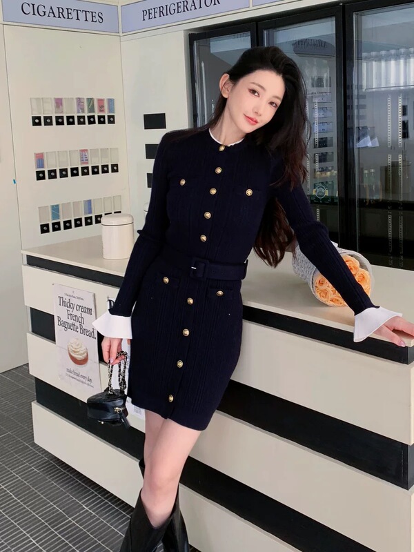Sp Pure Original Balman Gina New Long Sleeve Round Neck Belted Knitted Versatile Slim Fit Short Dress