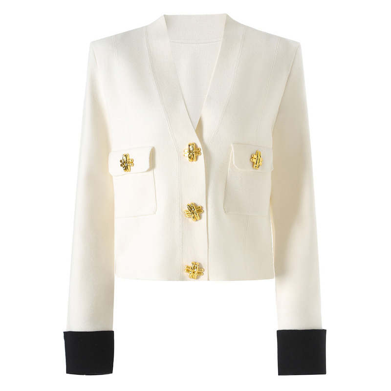 Balmanjina High-End Light Luxury Top Wool Mulberry Knit Metal Buckle Cardigan Spring and Autumn Color-Blocked Jacket
